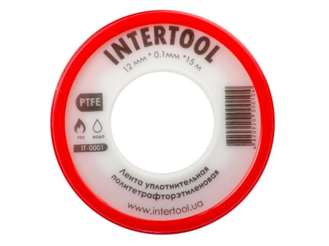 Стрічка тефлонова, фум (политетрафторетиленова) 15 м * 0.1 мм * 12 мм, 0.2 г/см³ INTERTOOL IT-0001 