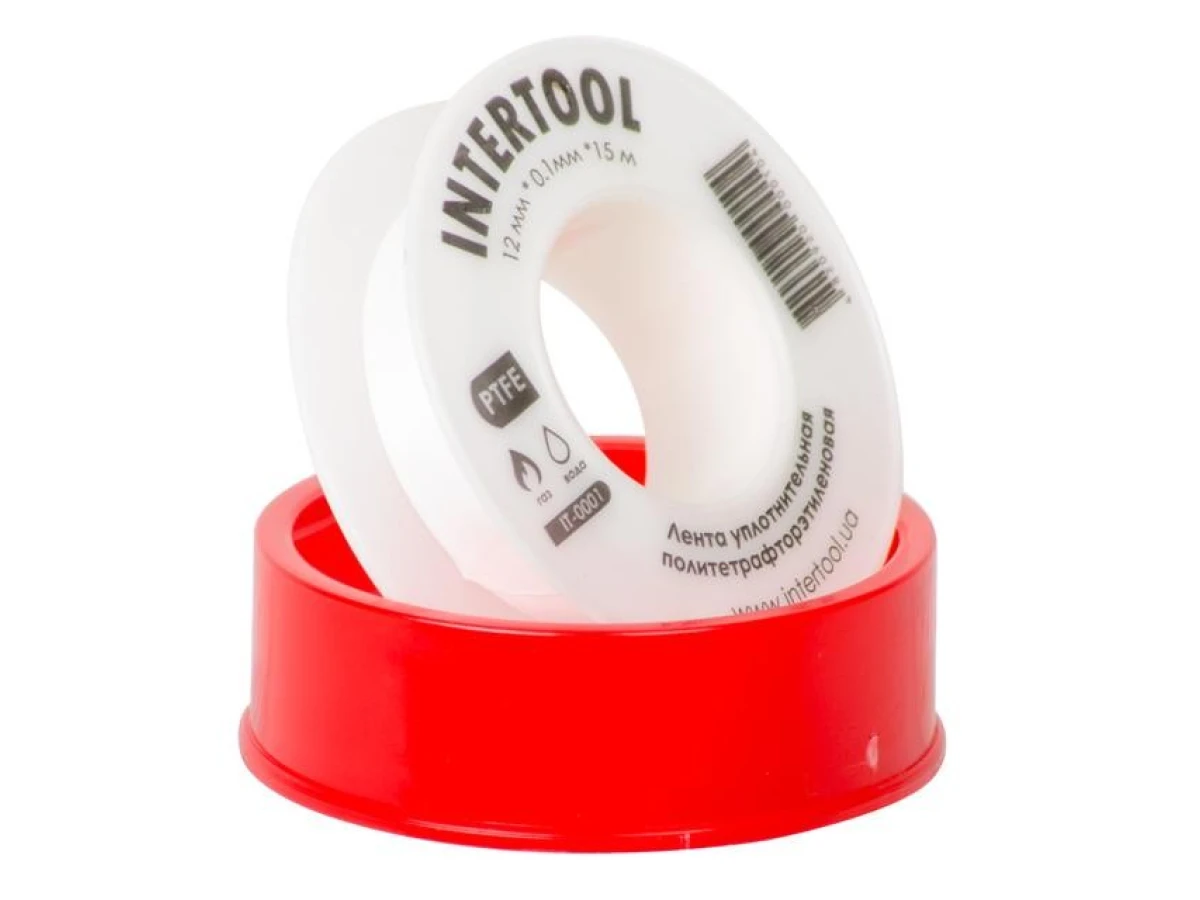 Стрічка тефлонова, фум (политетрафторетиленова) 15 м * 0.1 мм * 12 мм, 0.2 г/см³ INTERTOOL IT-0001 