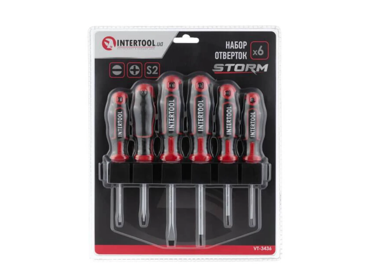 Набір викруток 6 од (SL3.0 * 75 мм, SL5.0 * 75 мм, SL6.0 * 100 мм, PH0 * 75 мм, PH1 * 75 мм, PH2 * 100 мм), STORM INTERTOOL VT-3436 