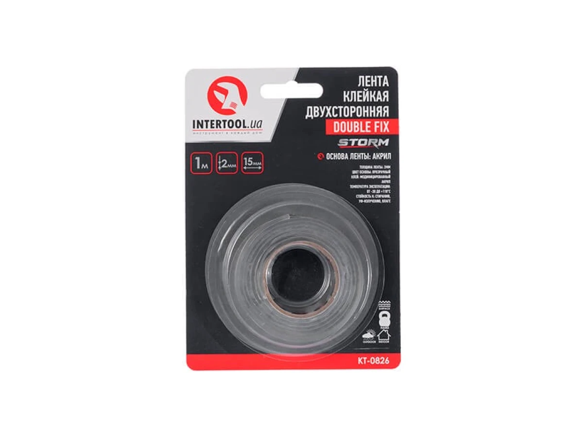 Стрічка клейка двостороння DOUBLE FIX, 15 мм * 1 м * 2 мм, прозора, акрил, STORM INTERTOOL KT-0826 