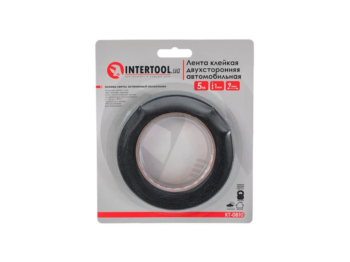 Стрічка клейка двостороння автомобільна, 9 мм * 5 м * 1 мм, чорна, спінений поліетилен INTERTOOL KT-0810 