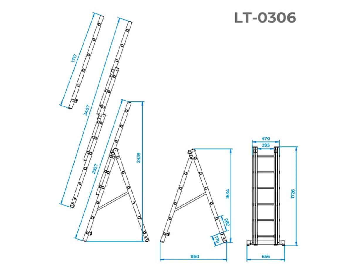 Лестница алюминиевая 3-х секционная универсальная раскладная, 3*6 ступ., 3,4 м INTERTOOL LT-0306 