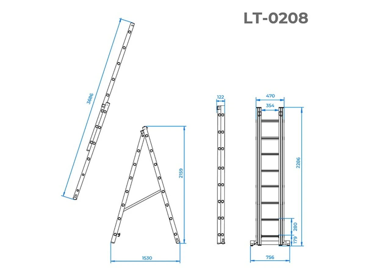 Лестница алюминиевая, 2-х секционная универсальная раскладная, 2*8 ступ., 3,69 м INTERTOOL LT-0208 