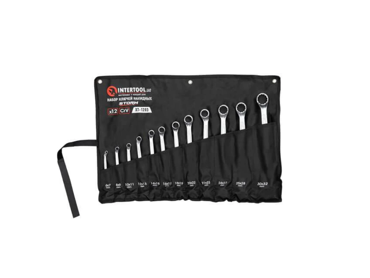 Набір ключів накидних 12 шт, 6-32 мм Cr-V, покриття сатин-хром, DIN838, STORM INTERTOOL XT-1203 