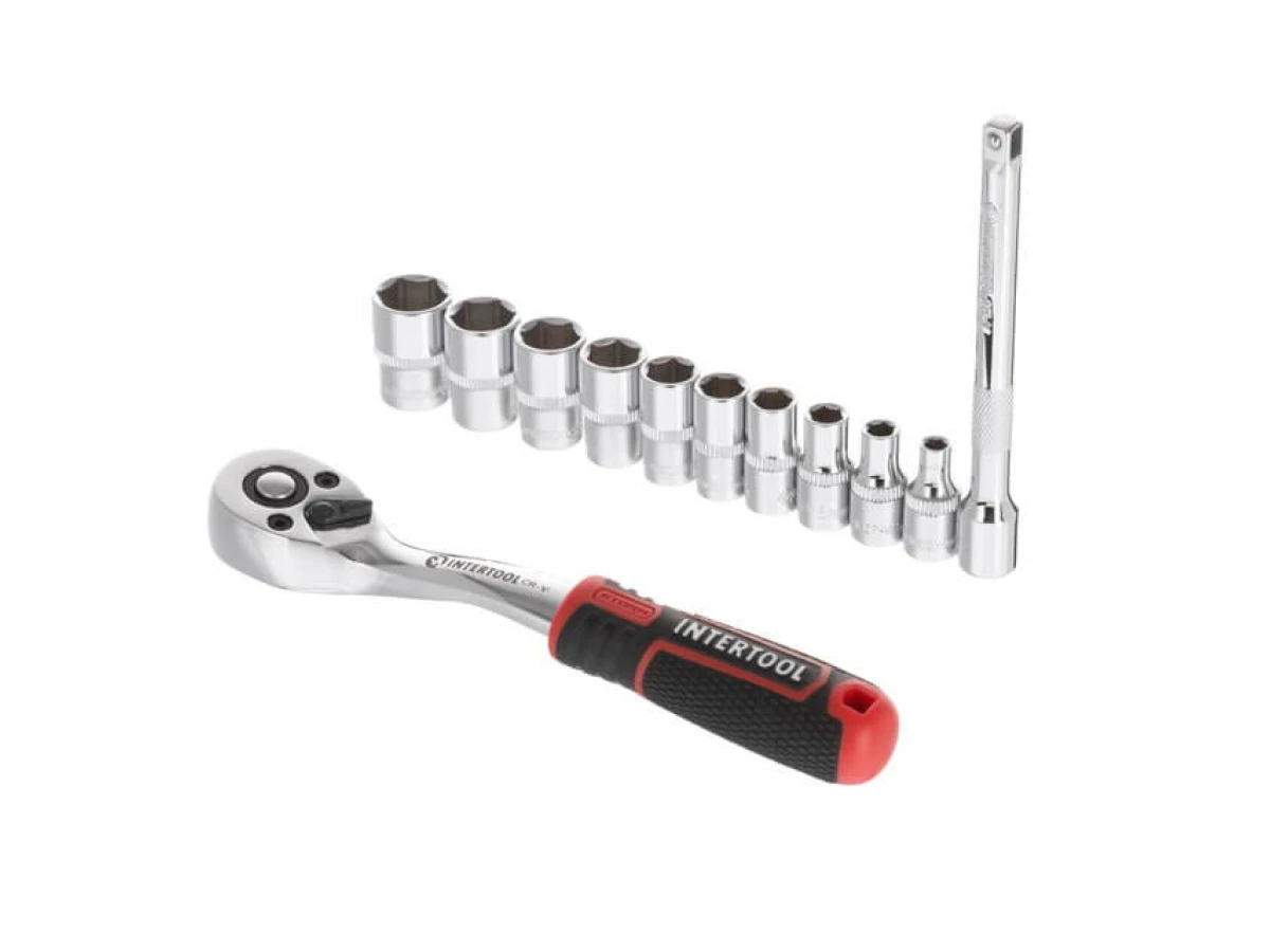 Набір головок 1/4" 4-13 мм, подовжувач, рукоятка з храповим механізмом 72 зубця, 12 од., Cr-V STORM INTERTOOL ET-8012 