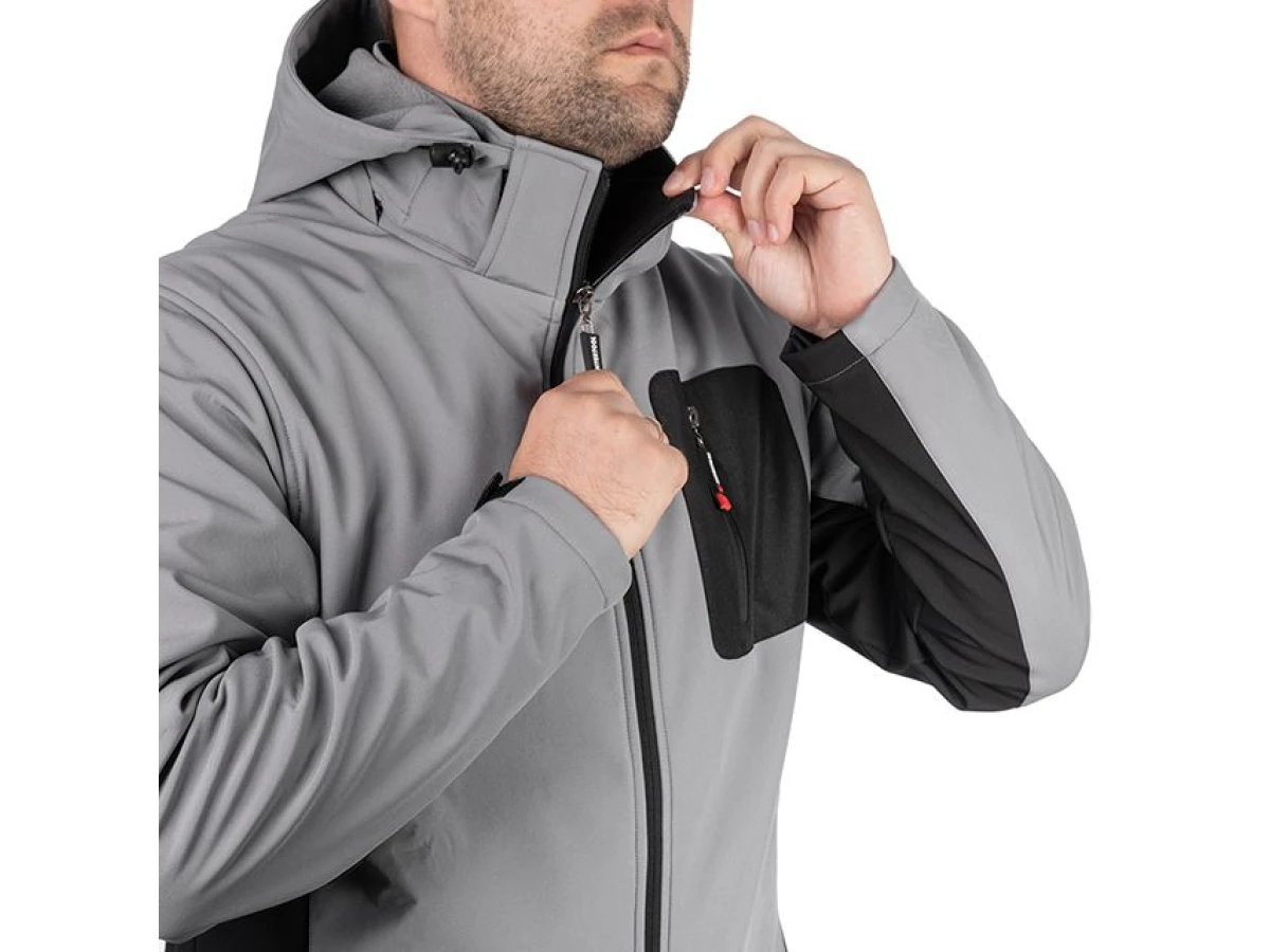 Куртка SOFTSHELL светло серо-черная, с капюшоном, трехслойная, ткань стрейч 300 GSM 100D с водо-, ветрозащитой, размер S INTERTOOL SP-3121 