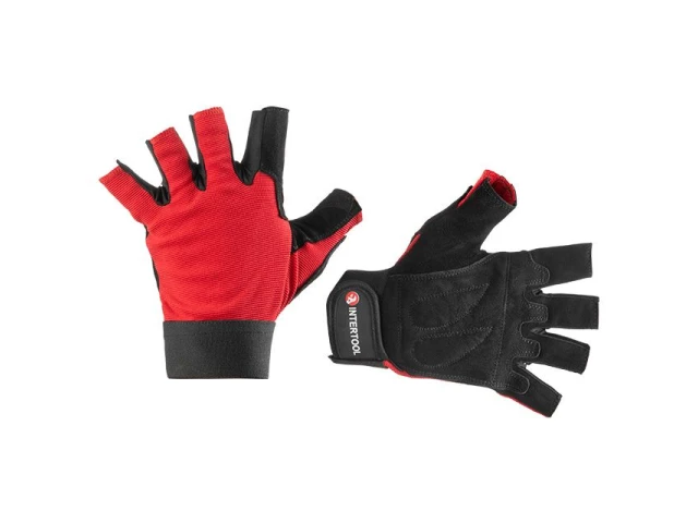 Перчатка без пальцев, кожанная, усиление на ладони, вставки из спандекса на тыльной стороне ладони,фиксация ремешком на липучке, 10" INTERTOOL SP-0148 