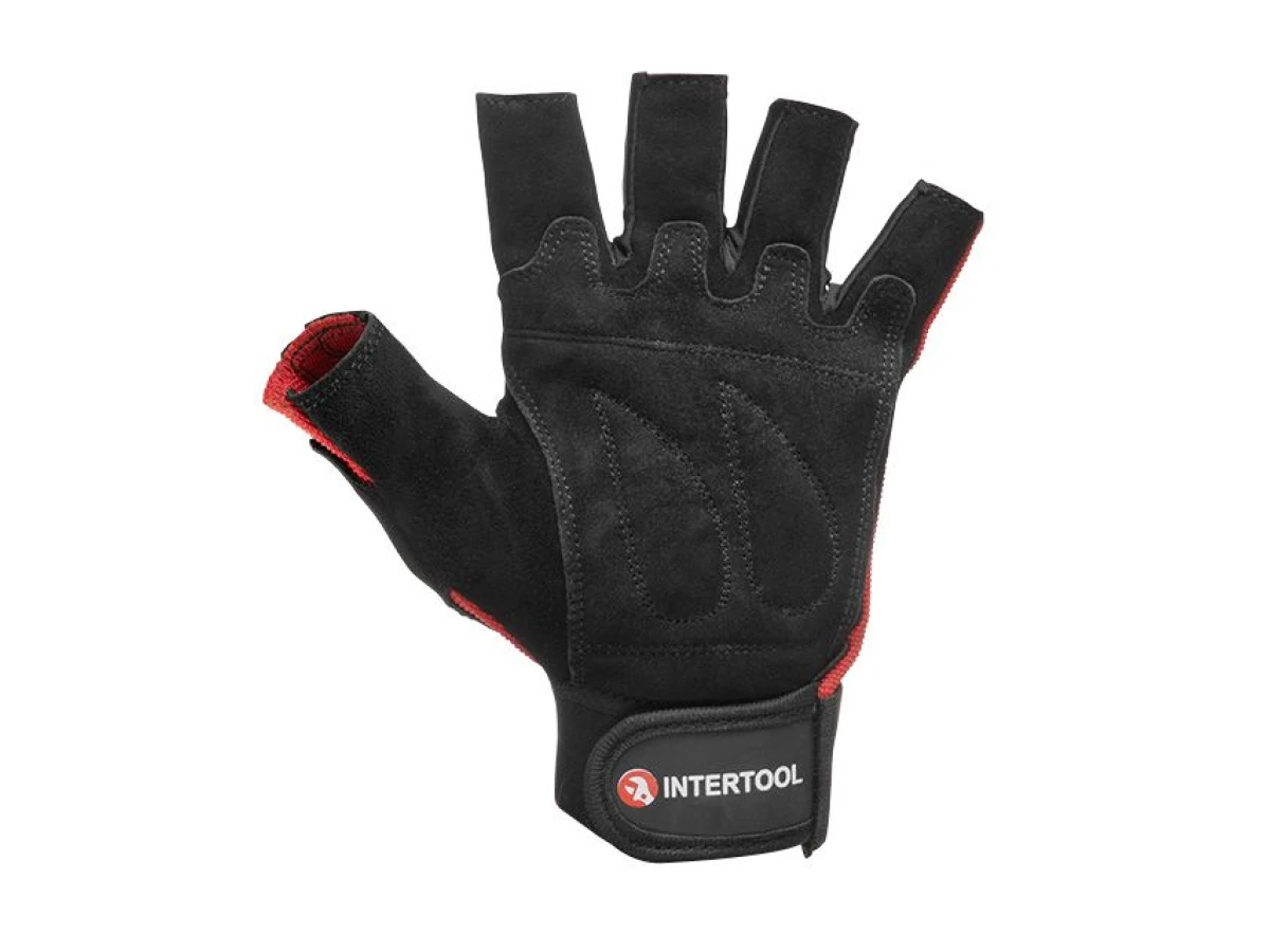 Перчатка без пальцев, кожанная, усиление на ладони, вставки из спандекса на тыльной стороне ладони,фиксация ремешком на липучке, 10" INTERTOOL SP-0148 