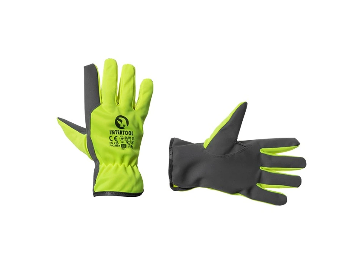 Перчатка кожаная комбинированная из эко- кожи и флуоресцентной зеленой ткани 10" INTERTOOL SP-0172 