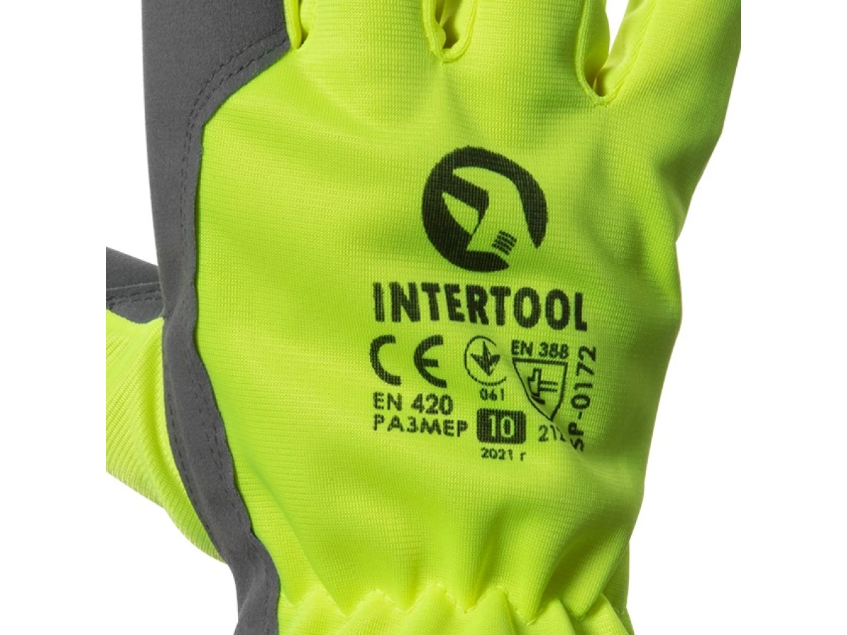 Перчатка кожаная комбинированная из эко- кожи и флуоресцентной зеленой ткани 10" INTERTOOL SP-0172 