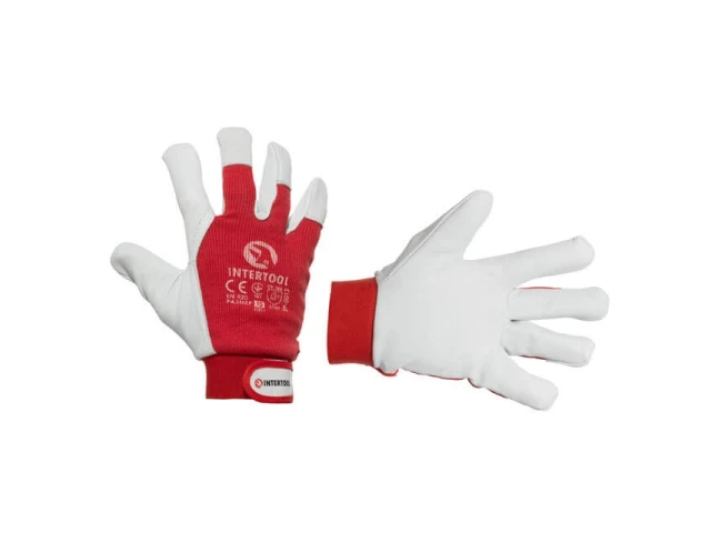 Перчатка кожаная комбинированная из высококачественной кожи и ткани с подкладкой 10" эластичный манжет на липучке INTERTOOL SP-0013 