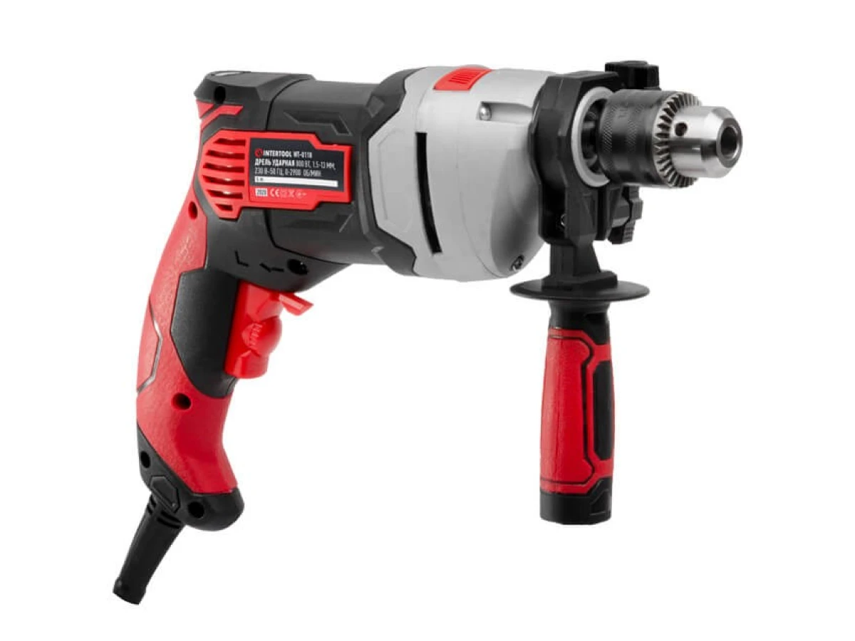 Дрель ударная 800Вт, 0-2900об/мин,1.5-13мм, метал. корпус редуктора INTERTOOL WT-0118 