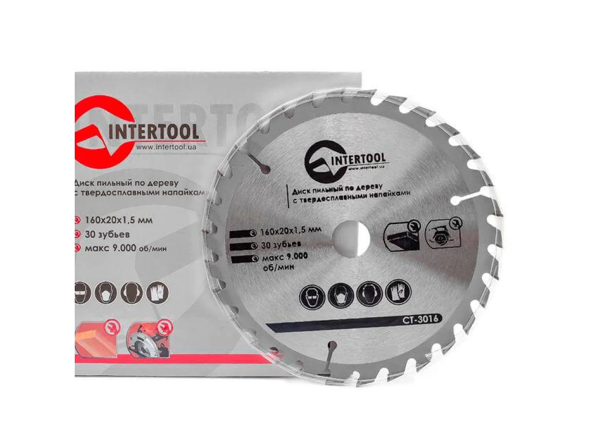 Диск пиляльний по деревині з твердосплавними напайками 160*20*1.5 мм, 30 зубів INTERTOOL CT-3016 