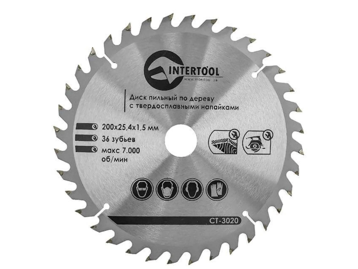Диск пиляльний по деревині з твердосплавними напайками 200*25.4*1.5 мм , 36 зубів INTERTOOL CT-3020 