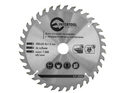 Диск пиляльний по деревині з твердосплавними напайками 200*25.4*1.5 мм , 36 зубів INTERTOOL CT-3020