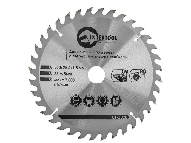 Диск пиляльний по деревині з твердосплавними напайками 200*25.4*1.5 мм , 36 зубів INTERTOOL CT-3020 