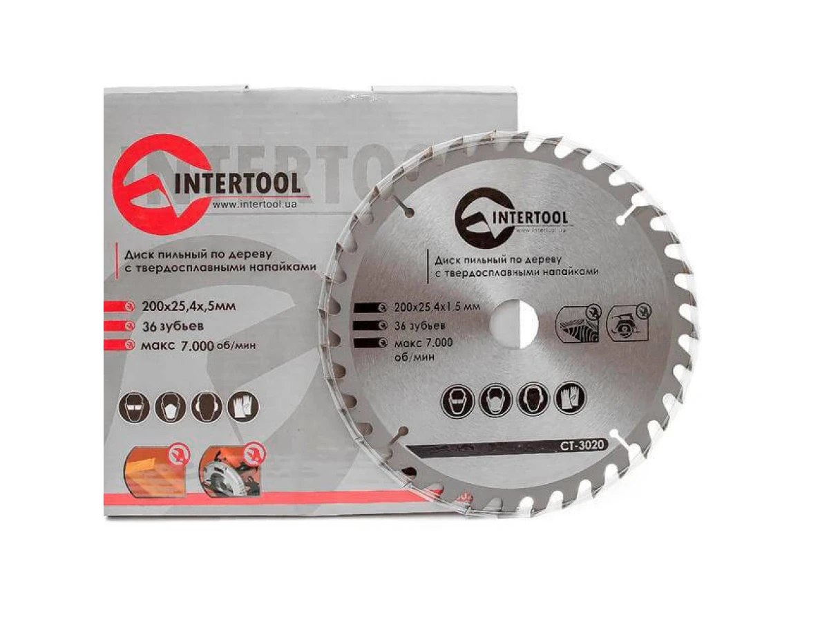 Диск пиляльний по деревині з твердосплавними напайками 200*25.4*1.5 мм , 36 зубів INTERTOOL CT-3020 