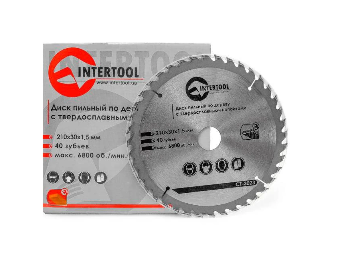 Диск пиляльний по деревині з твердосплавними напайками 210*30*1.5 мм, 40 зубів, 6800 об/хв. INTERTOOL CT-3023 