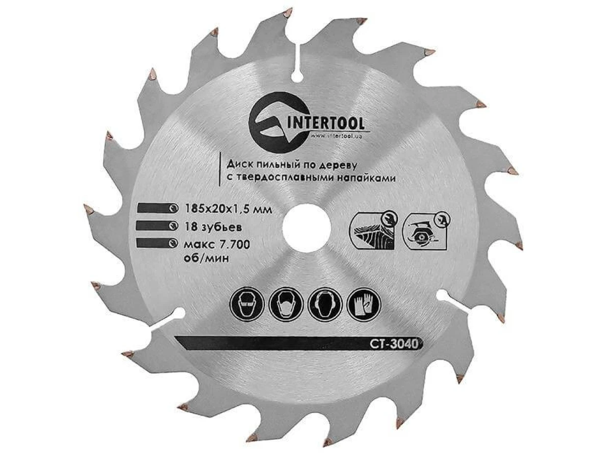 Диск пиляльний по деревині з твердосплавними напайками 185*20*1.5 мм, 18 зубів INTERTOOL CT-3040 