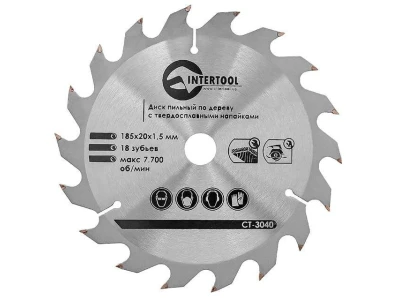 Диск пиляльний по деревині з твердосплавними напайками 185*20*1.5 мм, 18 зубів INTERTOOL CT-3040
