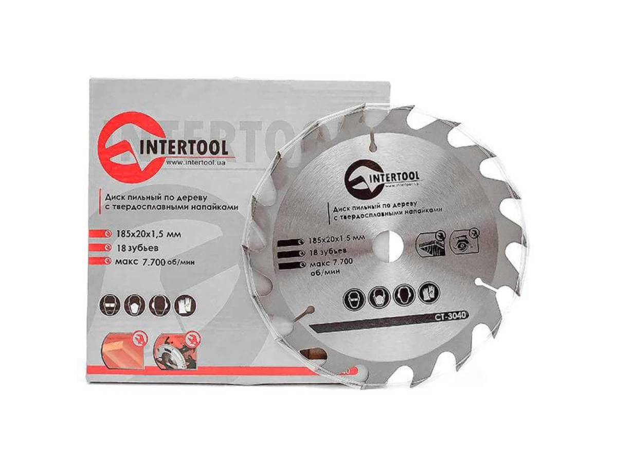Диск пиляльний по деревині з твердосплавними напайками 185*20*1.5 мм, 18 зубів INTERTOOL CT-3040 
