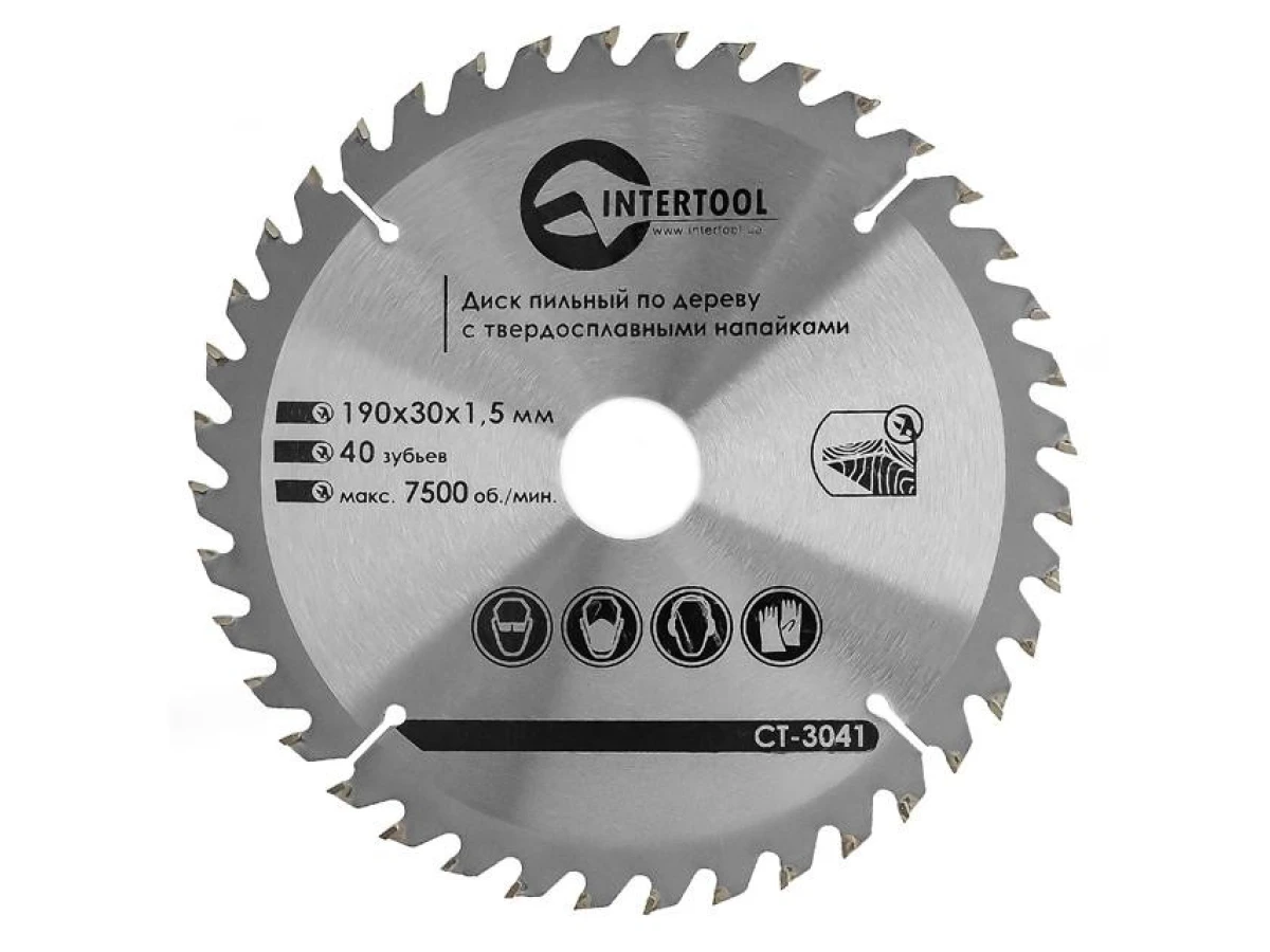 Диск пиляльний по деревині з твердосплавними напайками 190*30*1.5 мм, 40 зубів, 7500 об/хв. INTERTOOL CT-3041 