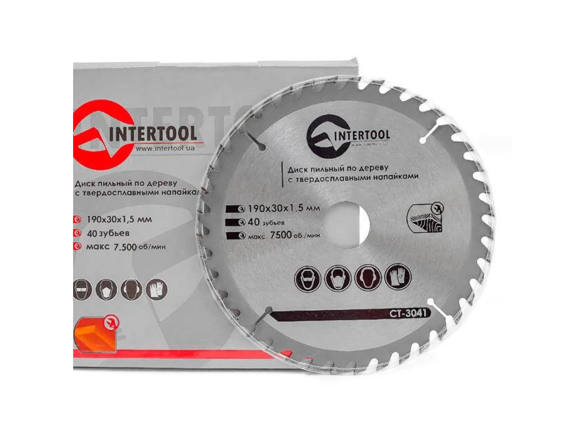 Диск пиляльний по деревині з твердосплавними напайками 190*30*1.5 мм, 40 зубів, 7500 об/хв. INTERTOOL CT-3041 
