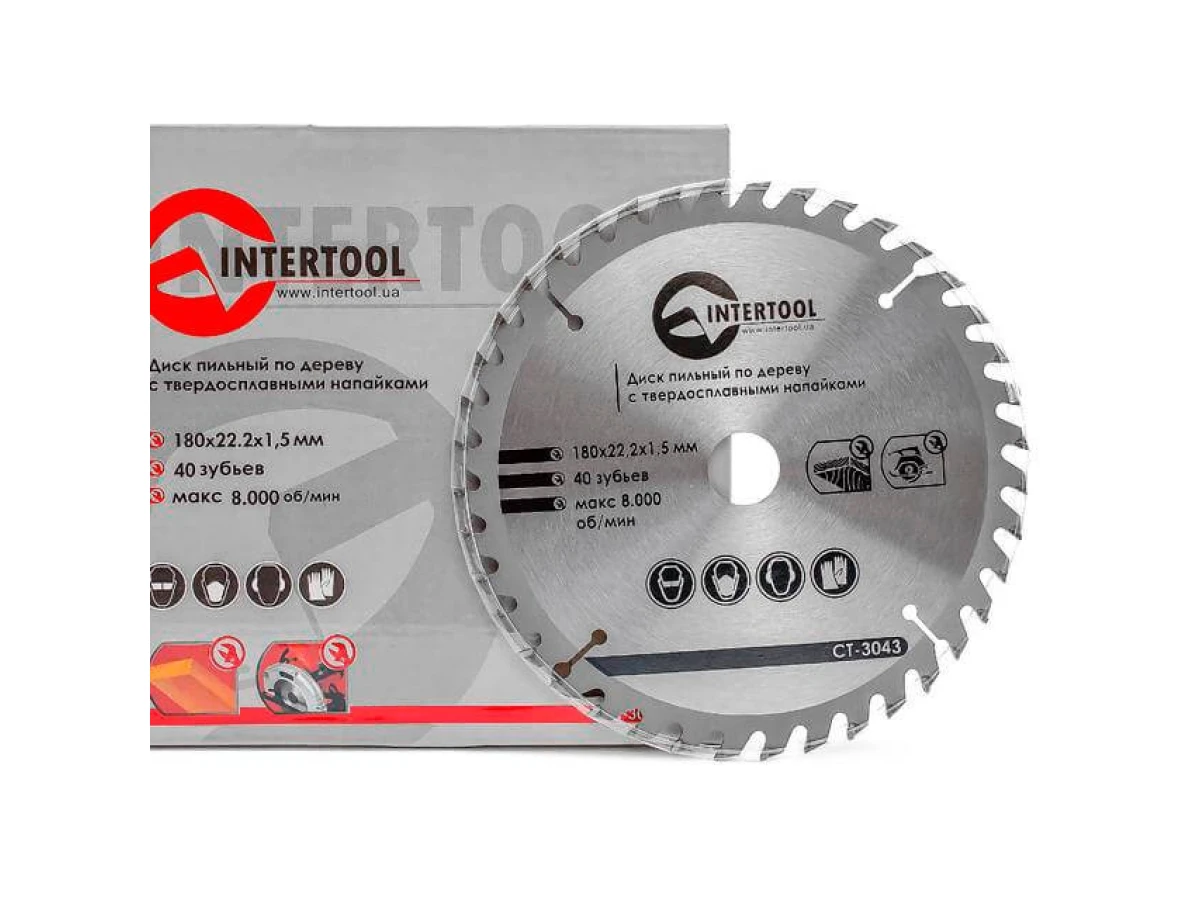 Диск пиляльний по деревині з твердосплавними напайками 180*22*1.5 мм, 40 зубів INTERTOOL CT-3043 