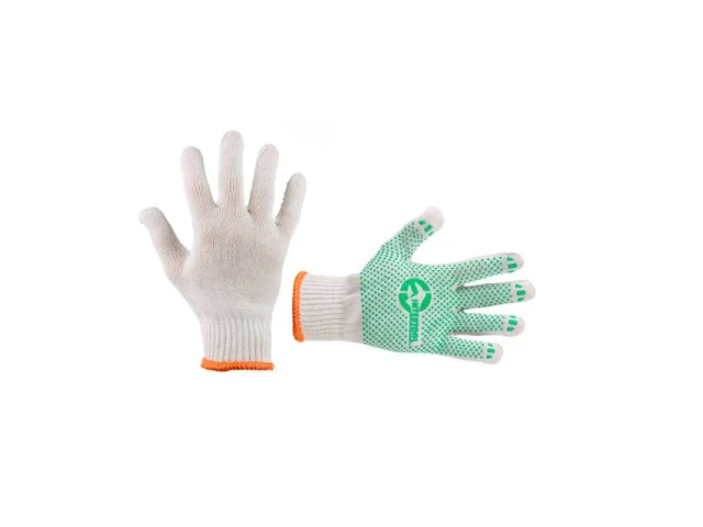Перчатка трикотажная 60% хлопок / 40% полиэстер, с ПВХ точкой, класс вязки 7, цвет белый, с платировкою, зеленая точка, 90 г INTERTOOL SP-0126 