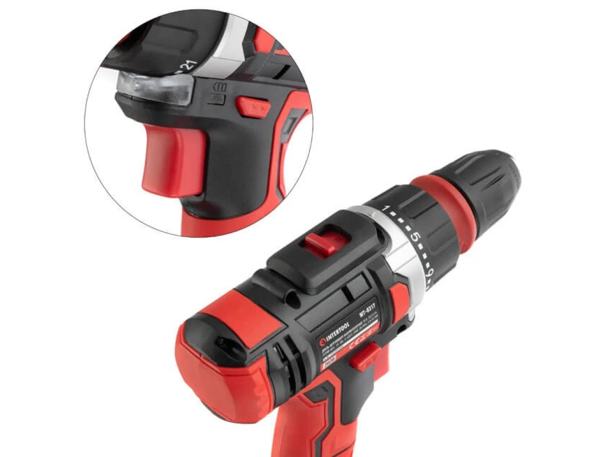 Дрель-шуруповерт аккумуляторная Li-Ion 18 В, 25 Nm, 0-400/0-1500 об/мин, 2x2.0 Ач, съемный патрон INTERTOOL WT-0317 