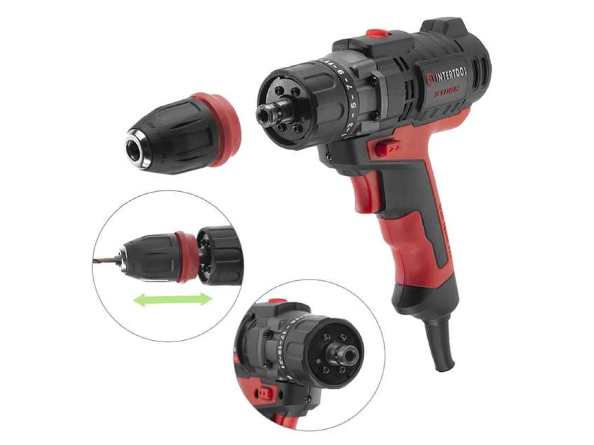 Дриль-шурупокрут електричний 420 Вт, 0-500/0-1800 об/хв., 0.8-10 мм, макс. 20 Nм, знімний патрон INTERTOOL WT-0110 