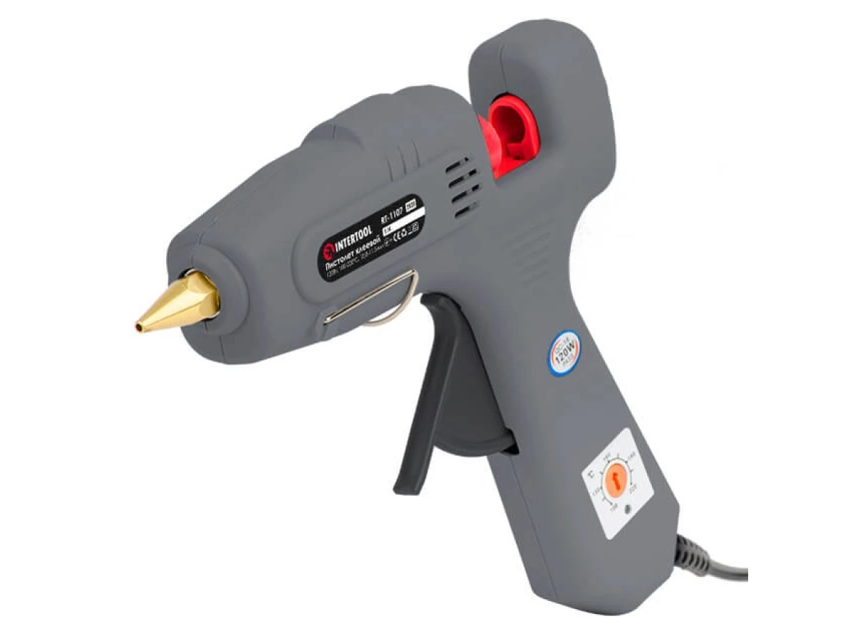 Пістолет клейовий 120 Вт, 230 В, 100-220 °C під стрижні 10.8-11.5 мм, 13-30 г/хв. INTERTOOL RT-1107 
