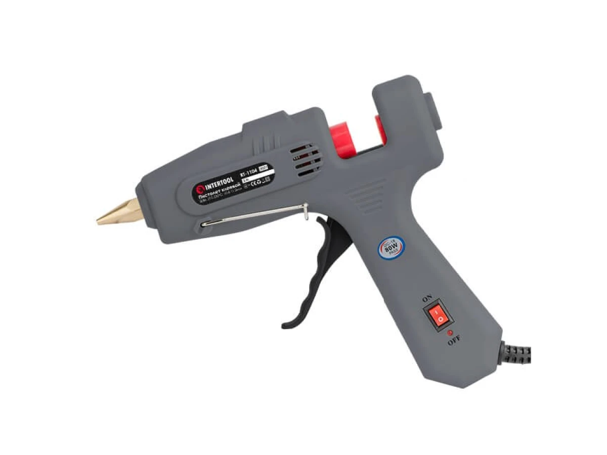 Пістолет клейовий 80 Вт, 230 В, 215-230°C під стрижні 10.8-11.5 мм, 13-30 г/хв. INTERTOOL RT-1104 