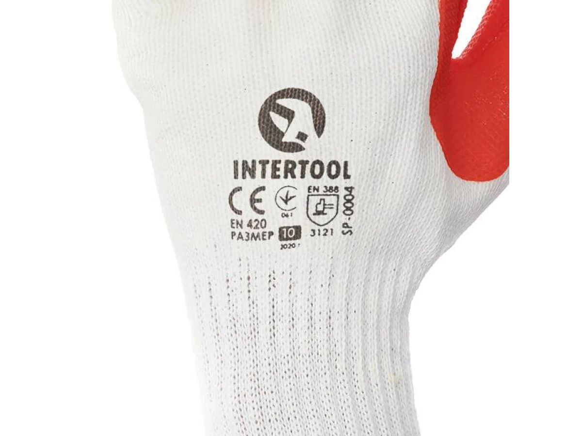 Перчатка трикотажная, поликоттон, стекольщика (каменщика), с латексным покрытием красного цвета, 10" INTERTOOL SP-0004 