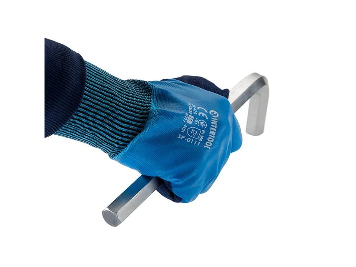 Перчатка трикотажная,синтетическая, с полным нитриловым покрытием,покрытие ладони пористый нитрил,10" INTERTOOL SP-0111 