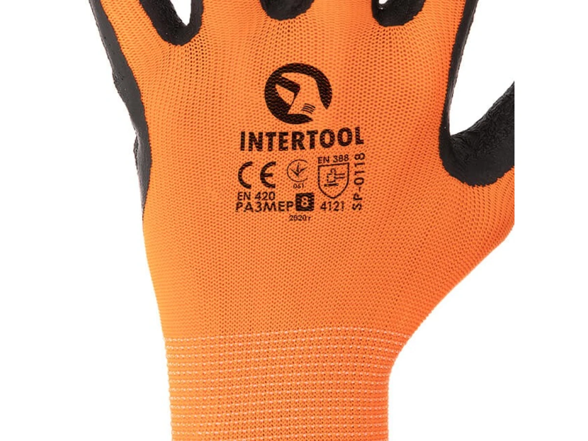 Перчатка трикотажная, синтетическая, оранжевая, покрыта черным рифленым латексом, 8" INTERTOOL SP-0118 