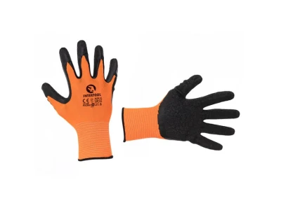 Перчатка трикотажная, синтетическая, оранжевая, покрыта черным рифленым латексом, 10