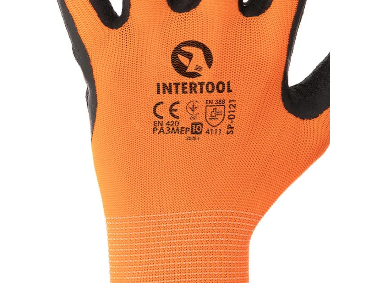 Перчатка трикотажная, синтетическая, оранжевая, покрыта черным рифленым латексом, 10" INTERTOOL SP-0121 