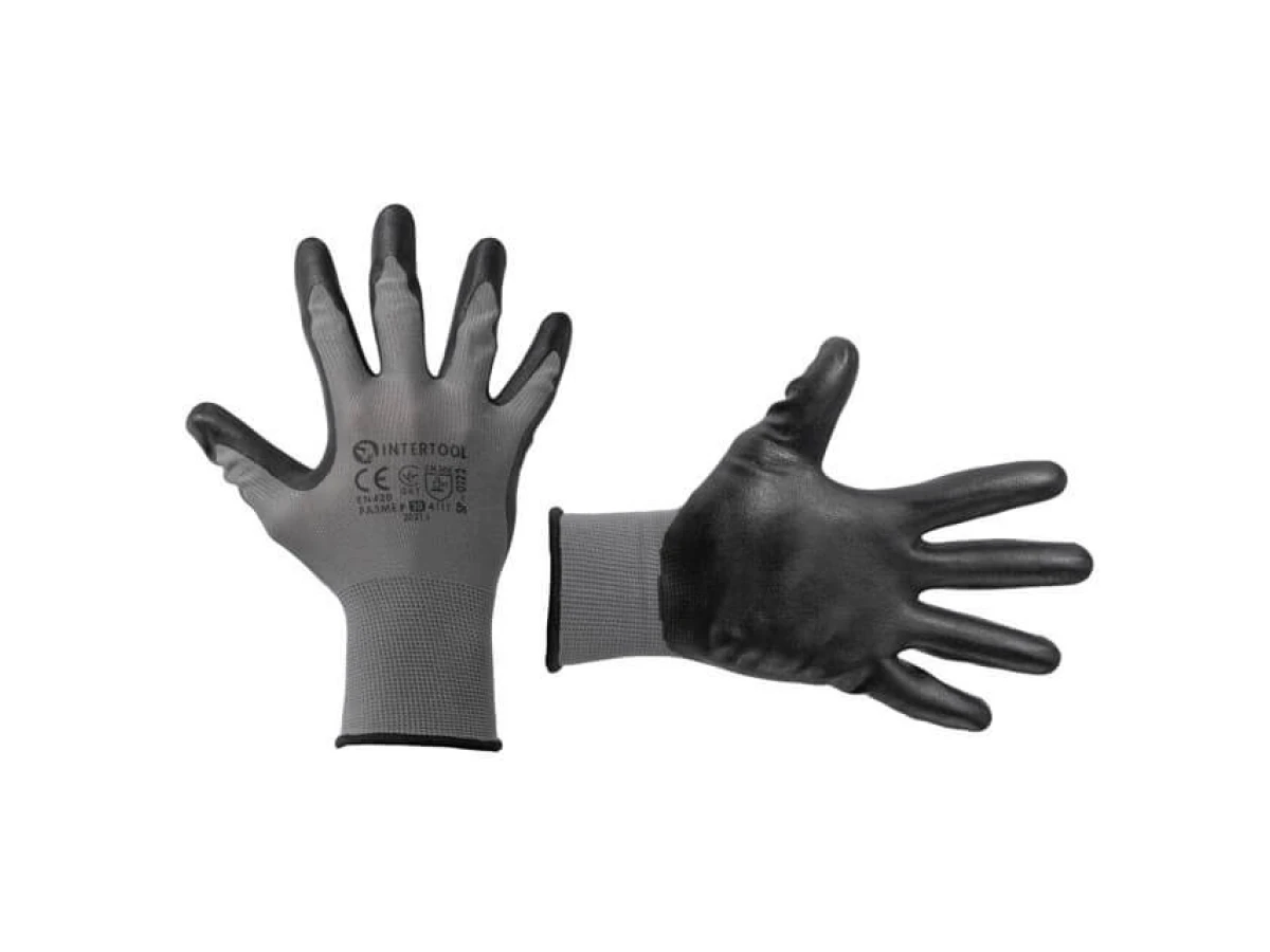 Перчатка трикотажная, синтетическая, серая, покрыта черным нитрилом на ладони, 10" INTERTOOL SP-0122 