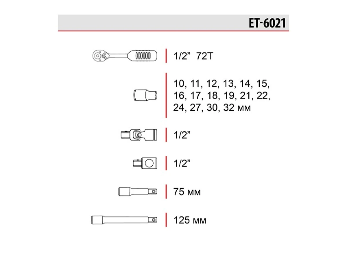 Набір інструментів професійний, 1/2", 21 од. CrV INTERTOOL ET-6021 