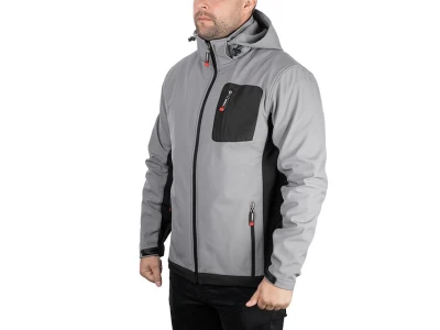 Куртка SOFTSHELL світло сіро-чорна, з капюшоном, тришарова, тканина - стрейч 300 GSM 100D, з водо- і вітрозахистом, розмір XL INTERTOOL SP-3124