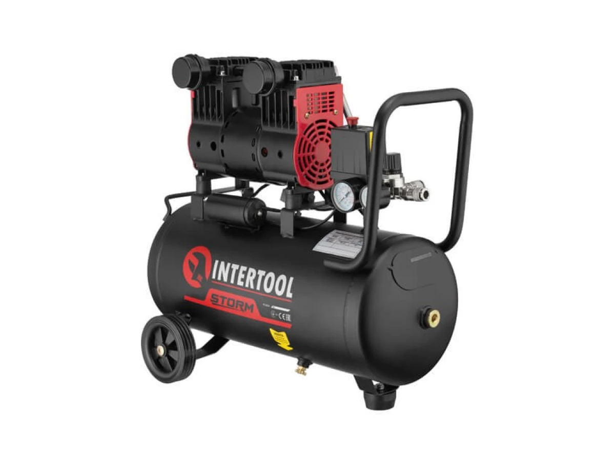 Компресор 24 л, 1.1 кВт, 220 В, 8 aтм, 160 л/хв., 1400 об/хв., малошумний, безмасляний, 2 циліндра INTERTOOL PT-0026 