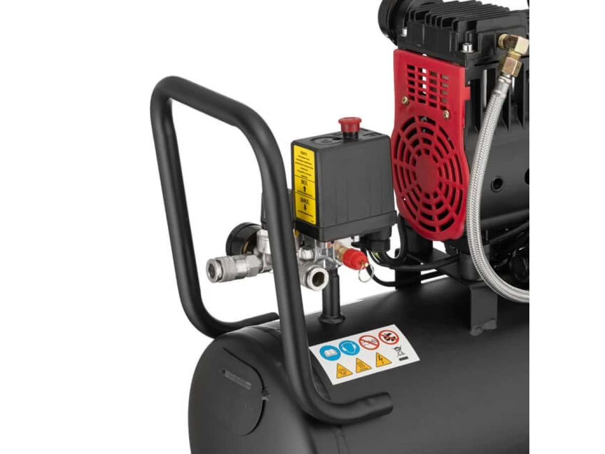 Компресор 24 л, 1.1 кВт, 220 В, 8 aтм, 160 л/хв., 1400 об/хв., малошумний, безмасляний, 2 циліндра INTERTOOL PT-0026 