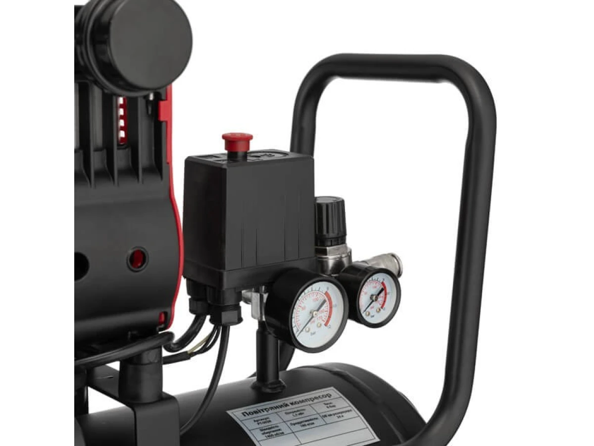 Компресор 24 л, 1.1 кВт, 220 В, 8 aтм, 160 л/хв., 1400 об/хв., малошумний, безмасляний, 2 циліндра INTERTOOL PT-0026 