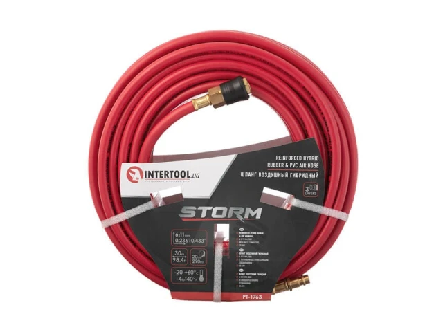 Шланг гібридний, професійний, 20 атм, 6 * 11мм, 30м з латунними швидкороз'ємними з'єднаннями, STORM INTERTOOL PT-1763 