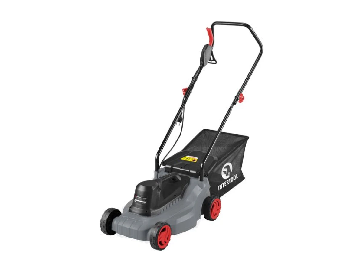 Газонокосилка электрическая 1.2 кВт, 230 В~50 Гц, 3300 об/мин, ширина захвата 320 мм, высота среза 27/45/52 мм, контейнер 30 литров INTERTOOL DT-2260 