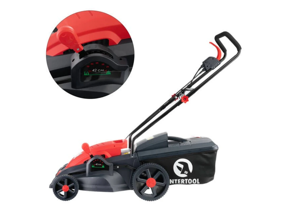 Газонокосилка электрическая 1.8 кВт, 230 В~50 Гц, 2850 об/мин, ширина захвата 420 мм, высота среза 25-75 мм, контейнер 50 литров STORM INTERTOOL WT-1201 