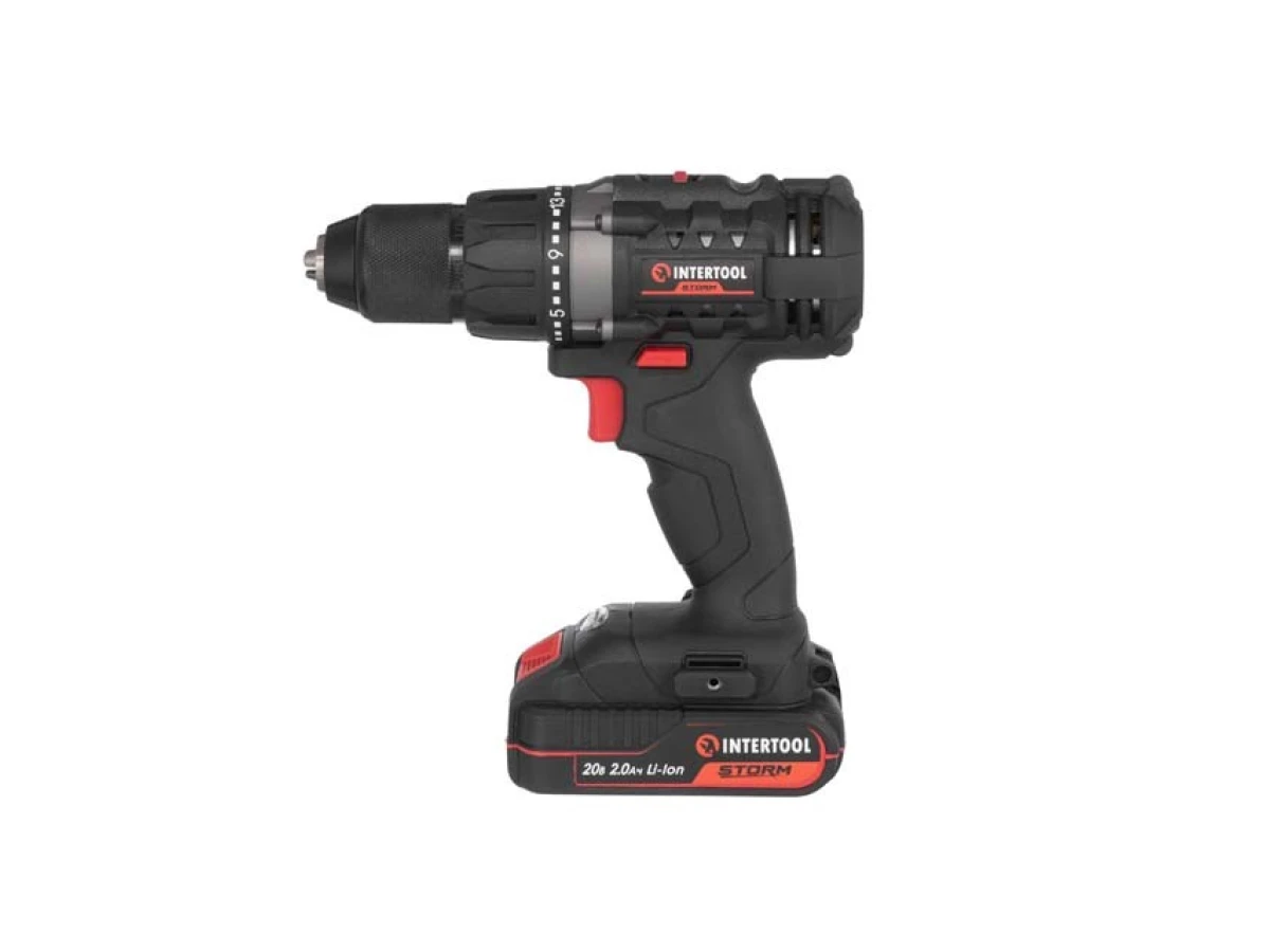 Дрель-шуруповерт аккумуляторная 20 В, 50 Нм, 0-450/0-1700 об/мин, 2-13 мм, Li-Ion, 2.0 Ач, ЗУ 2 А, кейс INTERTOOL WT-0351 