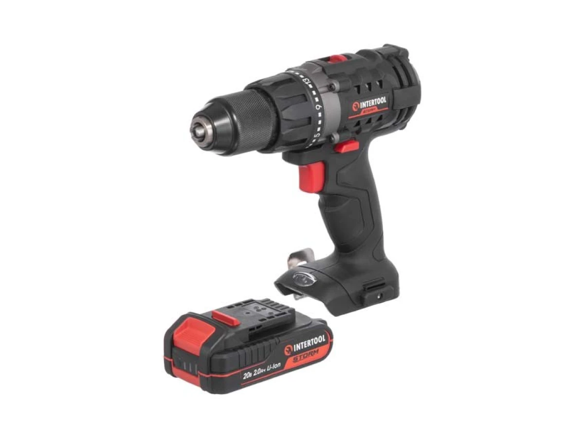 Дрель-шуруповерт аккумуляторная 20 В, 50 Нм, 0-450/0-1700 об/мин, 2-13 мм, Li-Ion, 2.0 Ач, ЗУ 2 А, кейс INTERTOOL WT-0351 