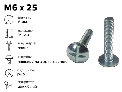 Гвинт меблевий RL M6 з напівкруглою головкою з хрестовиною, довжина - 25 мм, повне різьблення